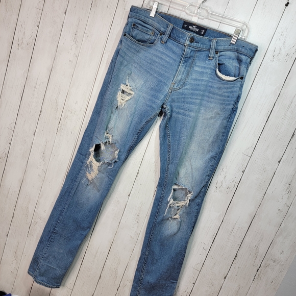 Hollister Men's 33X32 Jeans Stacked Skinny Distressed Medium Wash Denim Blue. - Picture 2 of 8